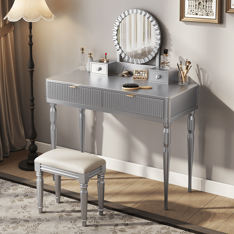 Homy Casa Makeup Vanity Table with Round Mirror, 4 Drawers & Stool, Silver