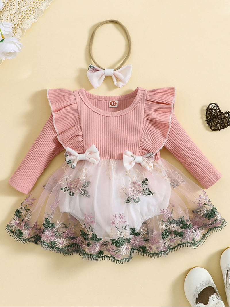GXFC Infant Girls Fall Princess Dress Clothes 3M 6M 9M 12M 18M 24M Baby  Girls Long Sleeve Floral Embroidery Dress with Hairband Outfits 2-piece  Spring Autumn Casual Dress Clothing for Newborn Girl -