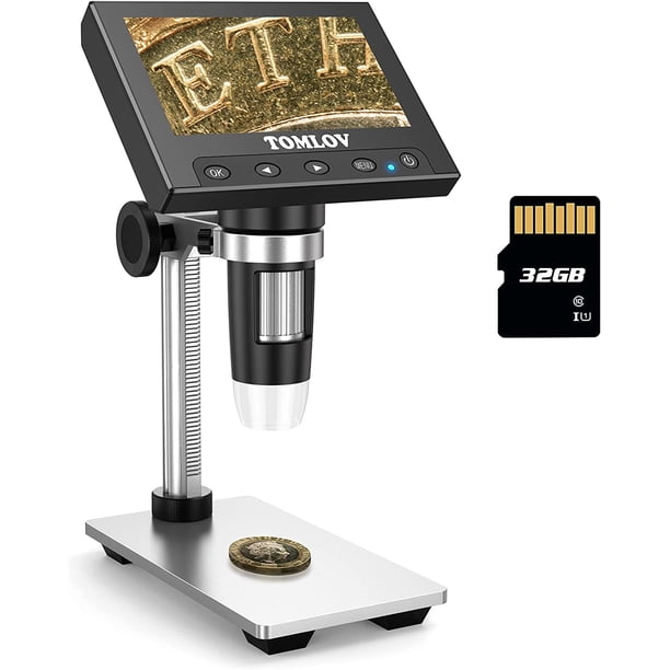 TOMLOV DM4 Microscopio de monedas 1000X con pantalla de 4,3", microscopio LCD 720P con soporte de metal, 8 luces LED ajustables, vista de PC para niños adultos, compatible con Windows, tarjeta TF de 3