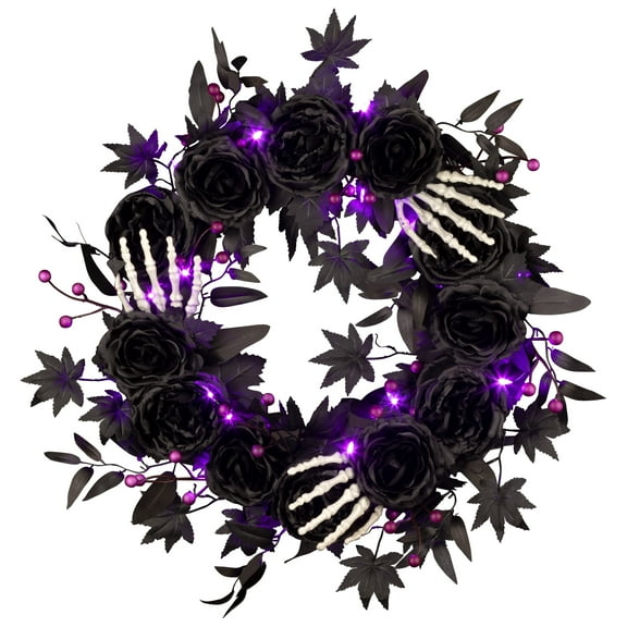 24 in. Artificial Bad to the Bone Halloween Wreath, 30 Purple LED Lights, Battery Operated, Timer