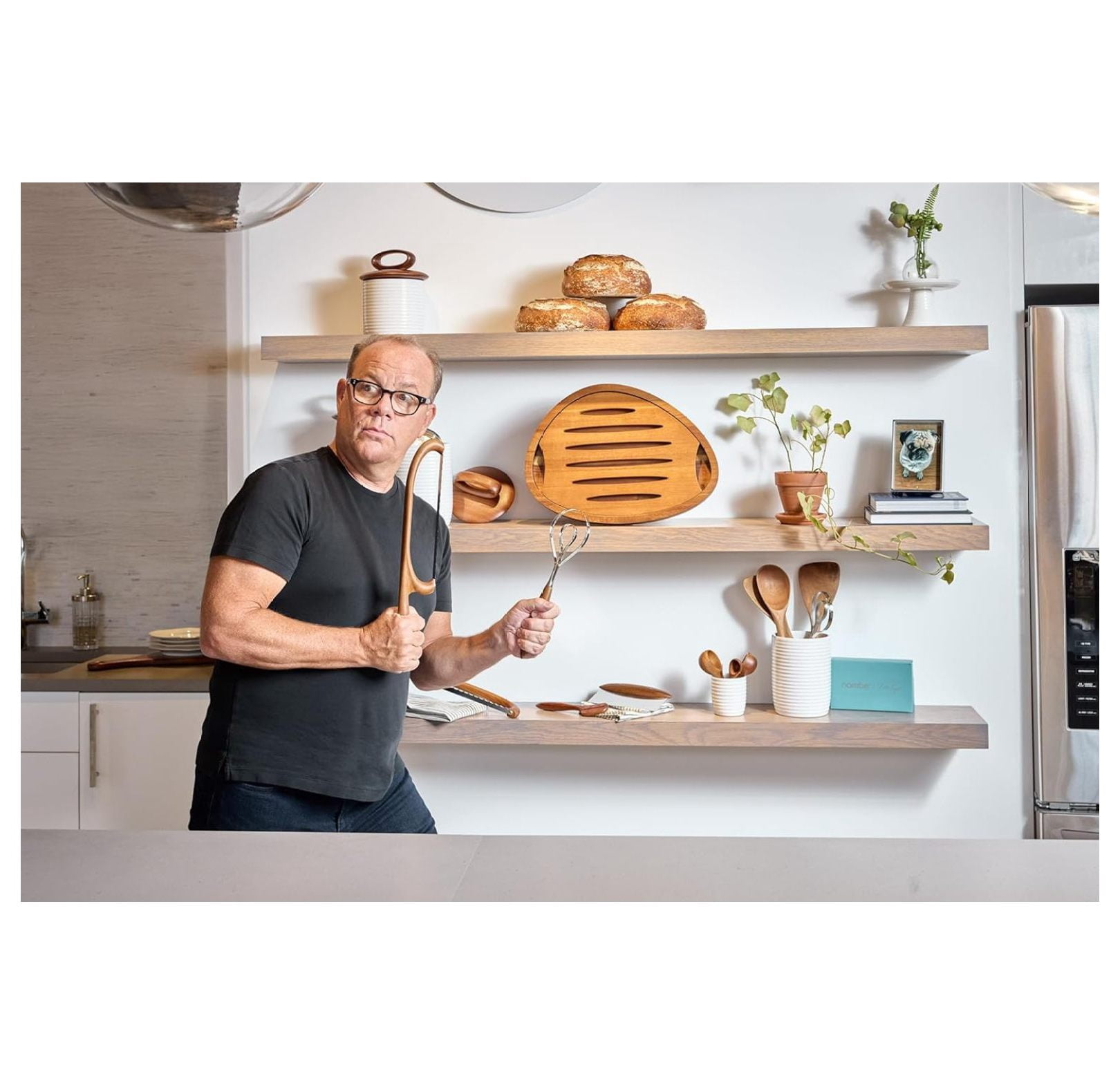 x Tom Papa Breaking Bread Cutting Board, 2-Piece Style Wood Bread Board with Nesting Crumb Tray, -Century Modern Serving Board for Slicing & Entertaining, 11.7” x 16”