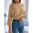 thumbnail image 2 of Womens Off the Shoulder Sweater Solid Cable Knitted Pullover Jumper Top Casual Long Sleeve Cropped Sweaters Khaki S, 2 of 8