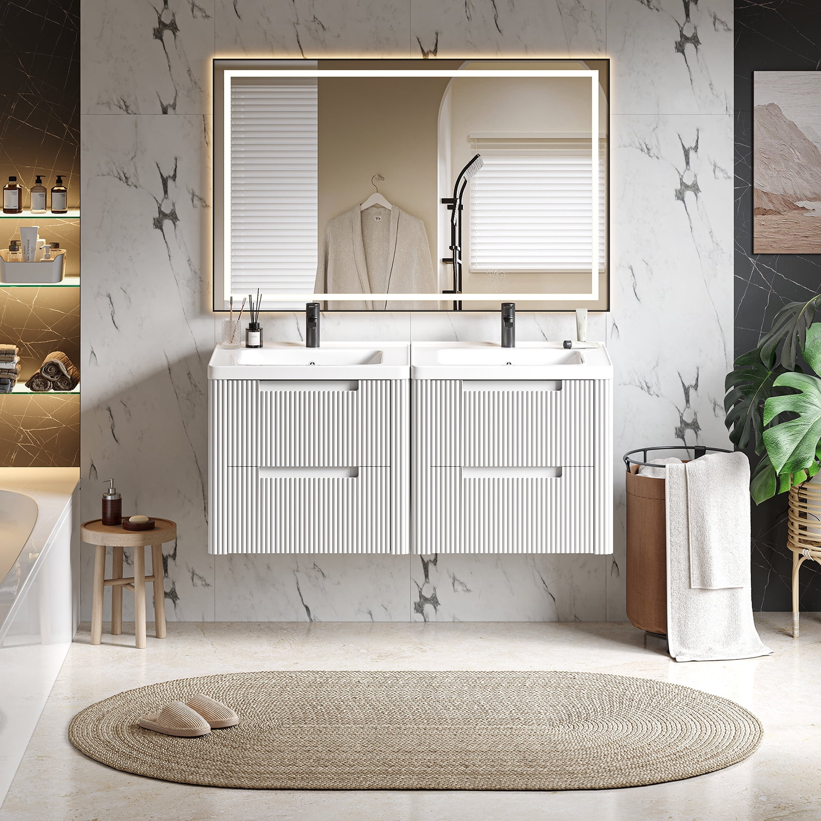 ROGALIS 24" Modern Bathroom Vanity, 2-Drawer, glossy resin Sink, Fluted Design,White