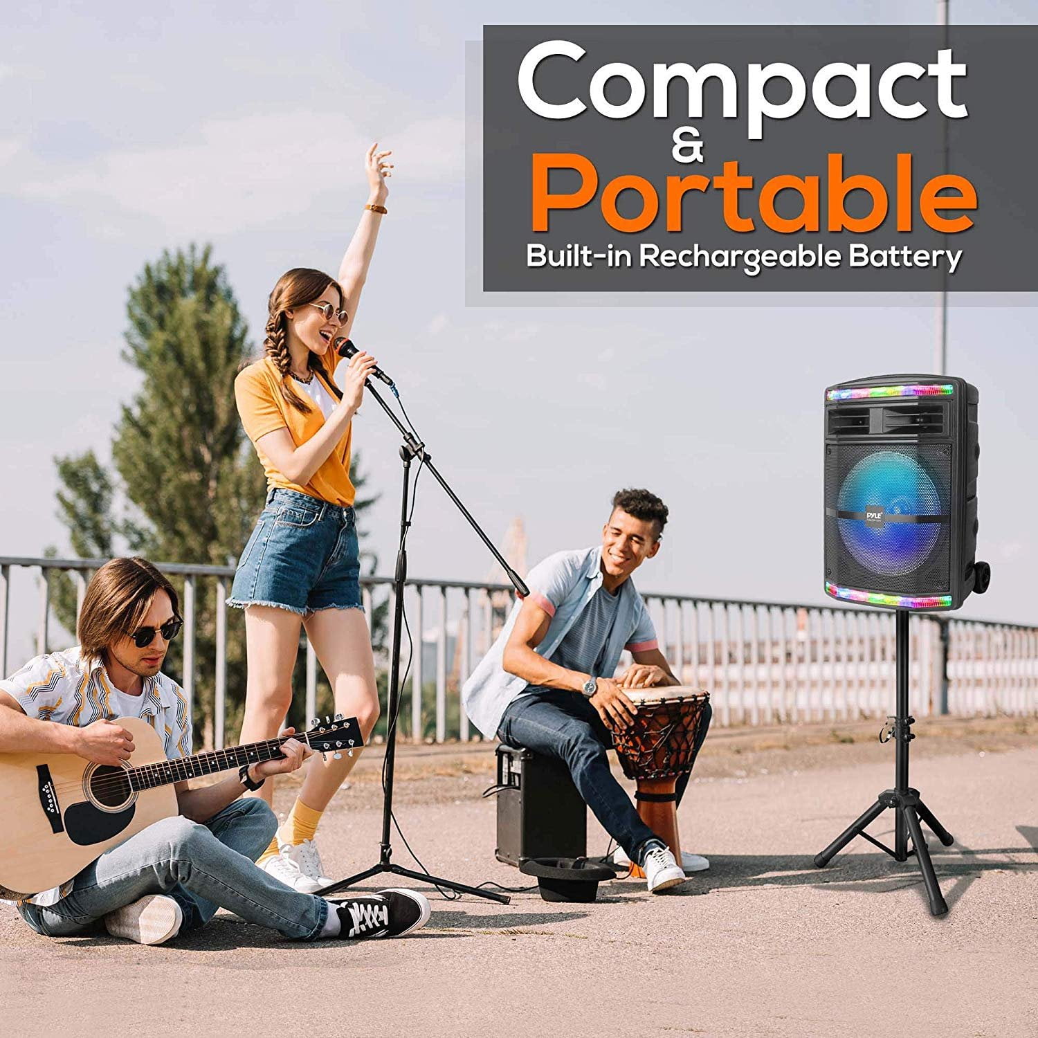 Pyle PPHP1044B - PA Speaker System - Portable Indoor / Outdoor Loudspeaker with , Flashing Party Lights, MP3/USB/Micro SD Readers, FM Radio (10’’ Subwoofer, 600 Watt)