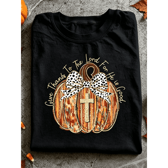 Women Fall Pumpkin Christian Graphic T-Shirt Thanksgiving Leopard Bow Cross Faith Short Sleeve Tee