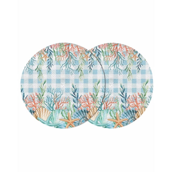 Nautical Coastal Round 13 Inch Placemats Set of 2, Summer Beach Shell Coral Seaweed Blue Plaid HeatResistant Non Slip Place Mats for Dining Table, Wipeable Braided Kitchen Table Mats for Housewarming