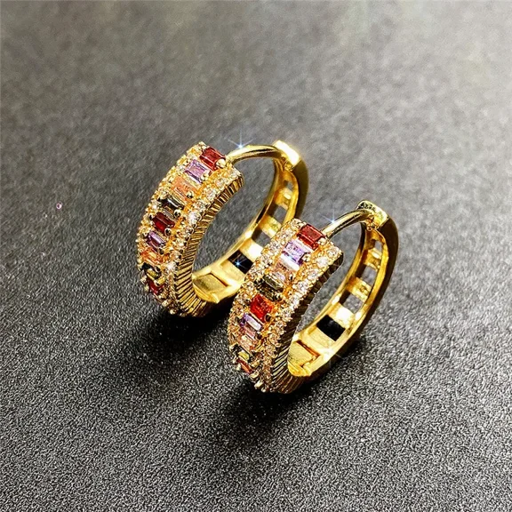 New New Rainbow Rectangular Cubic Zirconia Hoop Earrings for Women Bling Luxury Wedding Accessories Party Fashion Jewelry