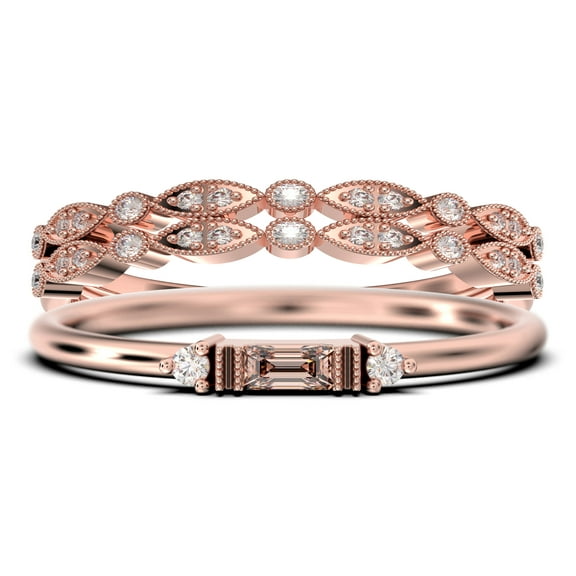 Dainty Minimalist 1.75 Carat Baguette Cut Morganite And Diamond Moissanite Engagement Ring, Antique Wedding Ring in 925 Sterling Silver With 18k Rose Gold Plating, Trio Set, Matching Band