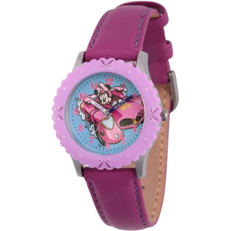 Disney Minnie Mouse Girls' Stainless Steel Time Teacher Watch, Purple Bezel, Purple Leather Strap