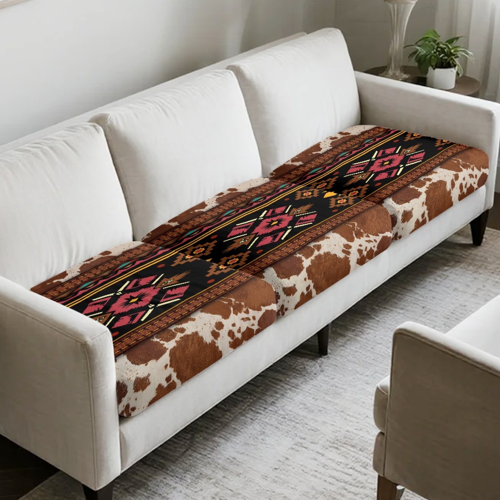 COEQINE Couch Cover Stretch Elastic Spandex Fabric Sofa Seat Cover Sets Seat Cushion Slipcover Pet Friendly Dog Couch Cushion Slipcover for Pets, Kids, 3 Pieces, American Tribal Brown Cow Print