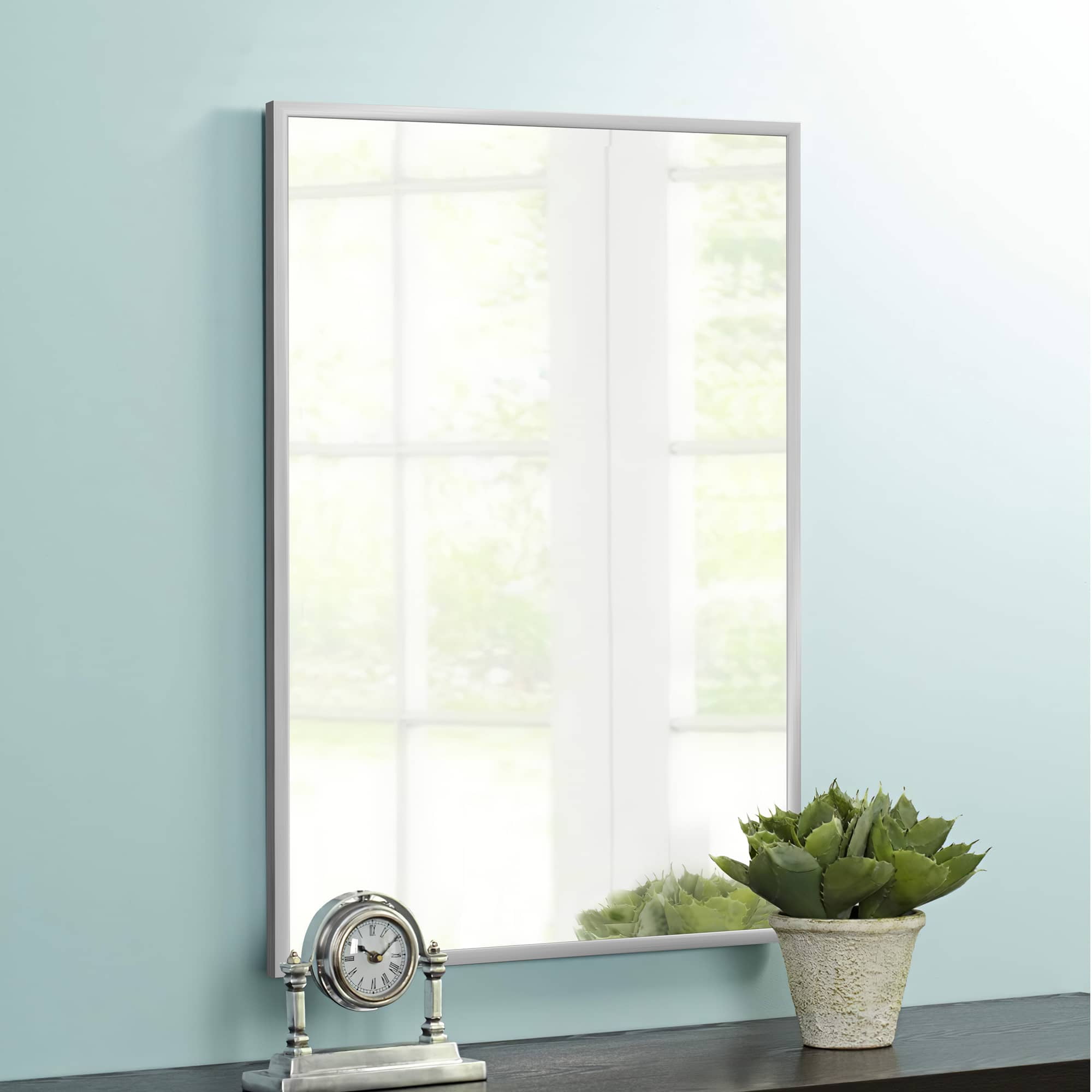 MAYEERTY 38"x26" Aluminum Alloy Rectangular Hanging Mirror, Mid-Century Bathroom Mirror, Silver