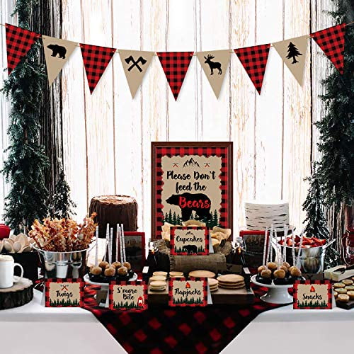 Red Buffalo Plaid Burlap Highchair Banner and One Cake Toppers for 1st Birthday Baby Boy JINMURY Lumberjack One Burlap Banner First Birthday Decorations
