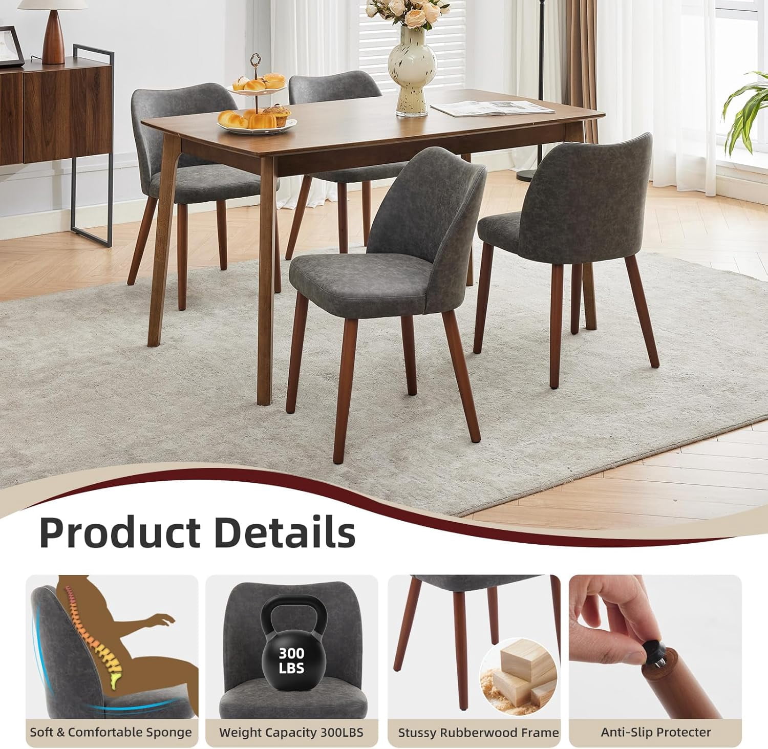 2-pcs Dining Chair,Leather Upholstered Dining Chair with Wood Legs, Wing Backrest, Wooden Kitchen Chair, Kitchen Chairs with Thick Cushions for Dining Room, Living Room