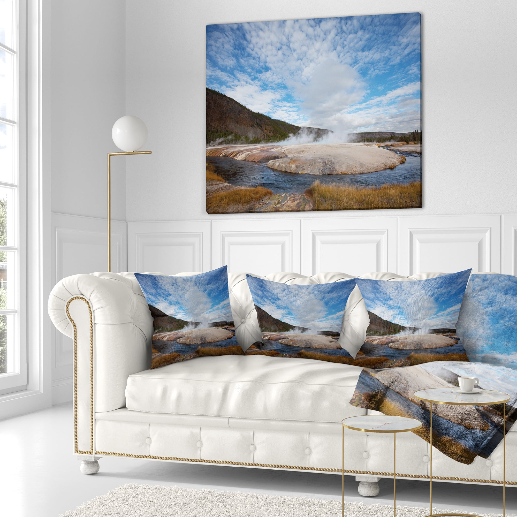 Designart Yellowstone under Bright Clouds - Landscape Printed Throw Pillow - 16x16