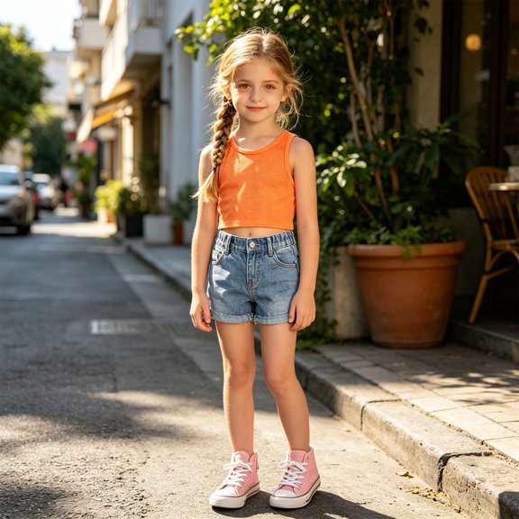 XINXIAOO Girls Orange Crop Tank Tops Breathable Workout Sleeveless Dance Yoga Athletic Casual Tight Kids 6-8 Years