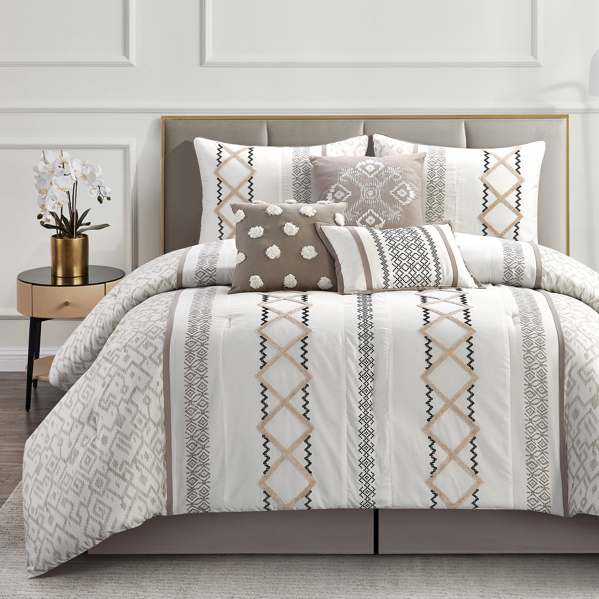 Lanco Luxury 7 Piece Cozy Boho Comforter Set Queen Beige Embroidered Girls Bedding, Premium Microfiber, All Season Home Décor