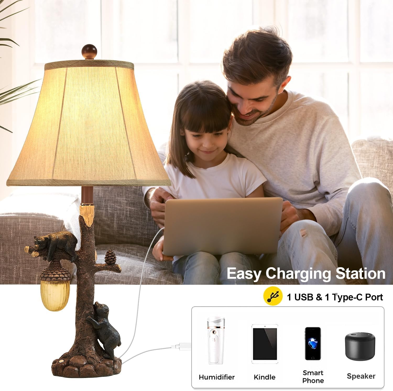 Findosom 2pcs 26" Vintage Table Lamp Set Touch Control Bedside Lamp with USB & USB-C Port, Bear Table Lamp with Nightlight DIY Linen Lampshade Nightstand Lamp for Living Room Bedroom Home Office