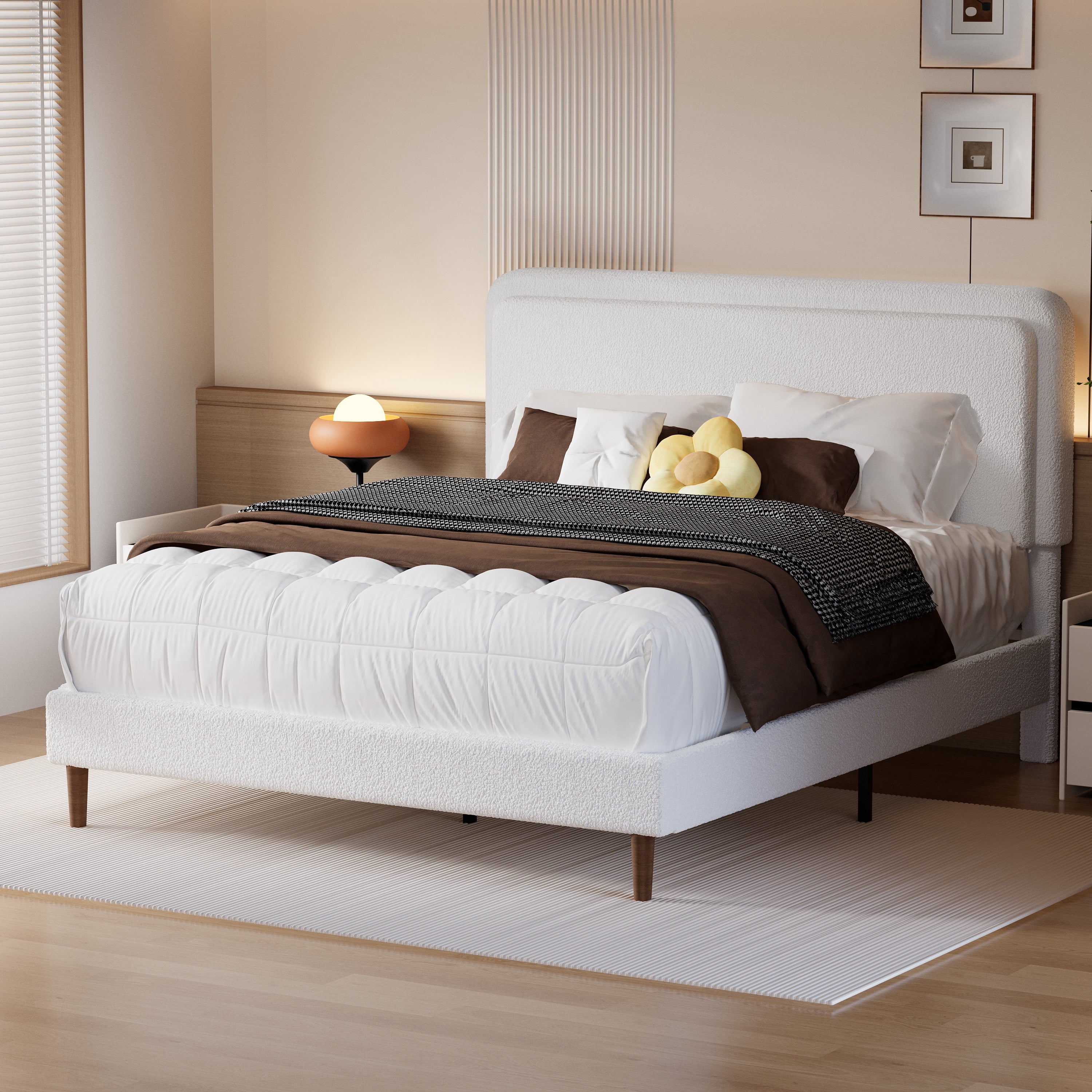 Frostbloom Full Size Bed Frame with Boucle Adjustable Headboard, Cloud Style Upholstered Platform Bed, White