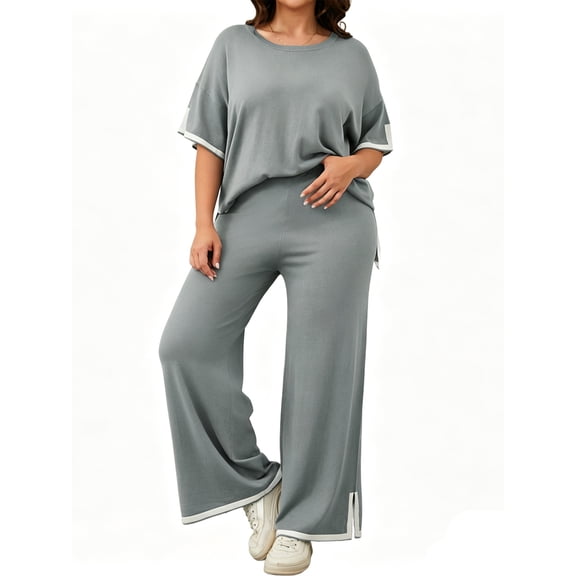 Color Block Women Plus Size Casual 2 Pieces Lounge Sets Short Sleeve Tops and Wide Leg Pants