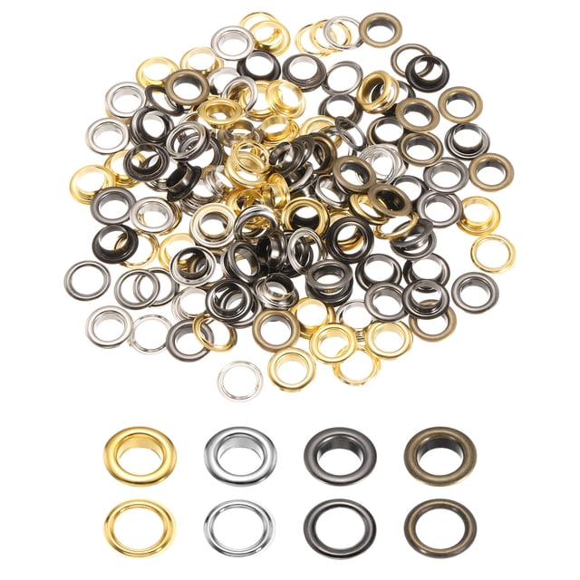 Uxcell 100 juegos de ojales de 3/8" con arandelas para cinturones, ropa, núcleos de cuentas, proyecto de bricolaje en oro, plata, gris y bronce