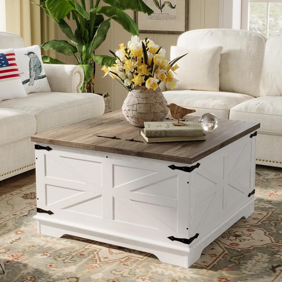 senlin Farmhouse Coffee Table, Heavy-Duty Coffee Table with Storage, Square Wood Center Table Set for Living Room with Pull Up Large Hidden Storage Compartment, Maple White