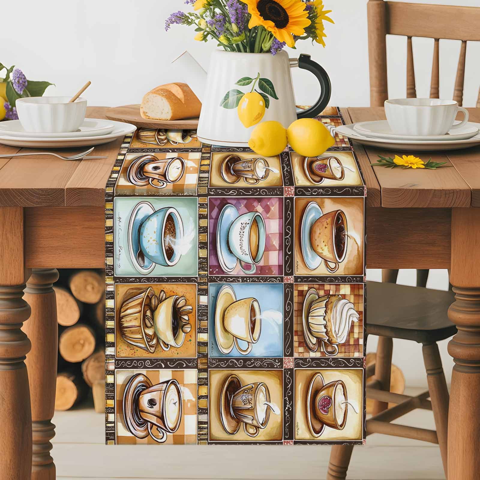Coffee Cake Dessert Food Table Runner 90 Inches Long, Retro Collage Art Table Runners Tabletop Scarf Kitchen Dining Tables Decoration for Home Party Indoor Outdoor