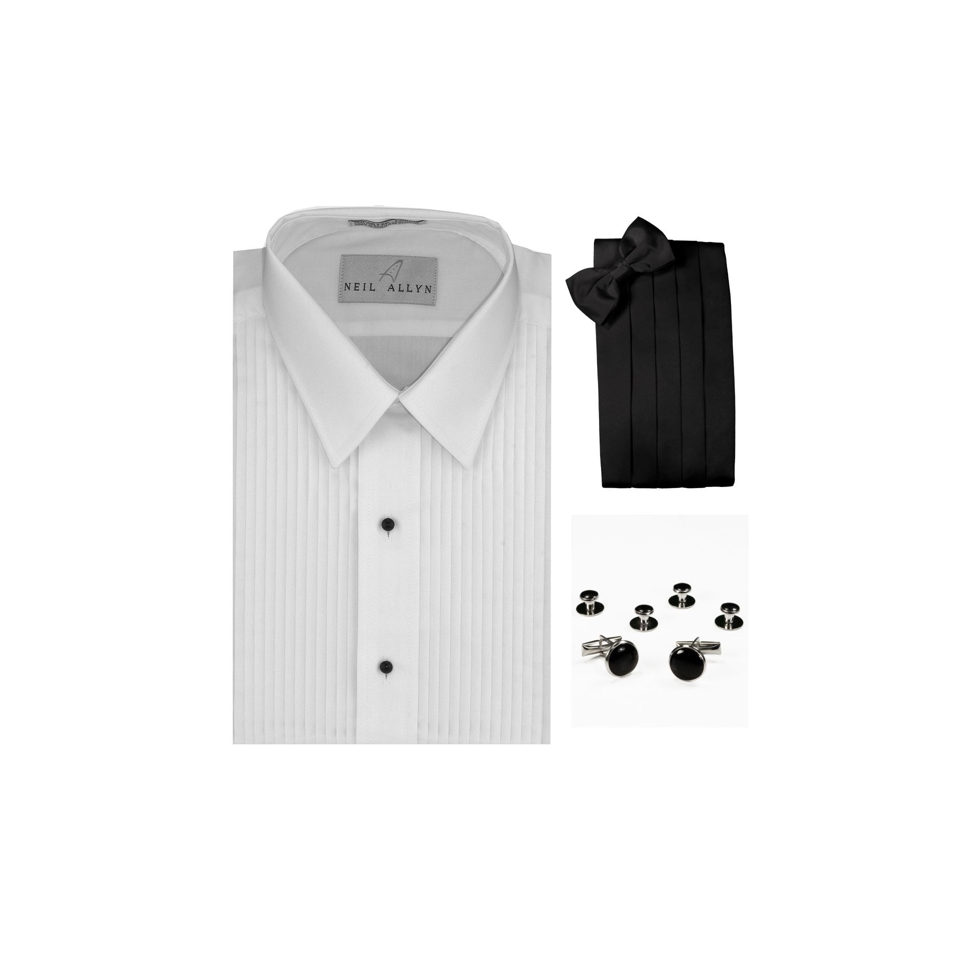 Cuff Links and Studs Set Bow-Tie Cummerbund Lay-Down Collar Tuxedo Shirt