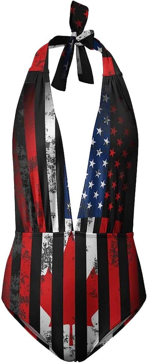 American Canadian Flag Funny Women Halter V Neck One Piece Swimsuit