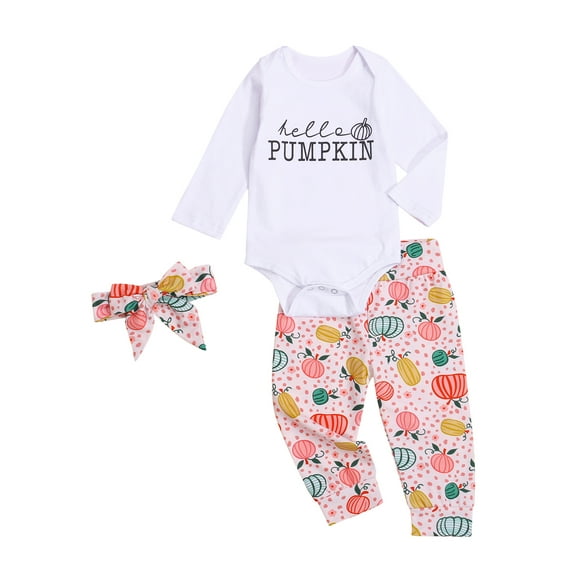Loliuicca Infant Baby Girls 3Pcs Outfits, Long Sleeves Romper Pumpkin Print Pants Hairband for Newborn Toddler Halloween Clothes 0-24 Months