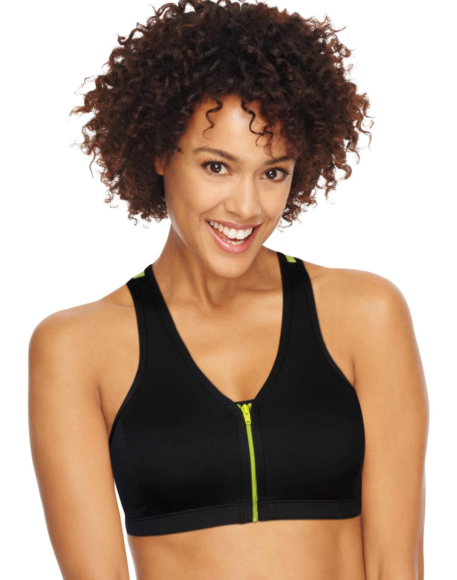Hanes Womens ComfortFlex Fit Easy On Zip Front Wirefree Sports Bra, XL,  Black 