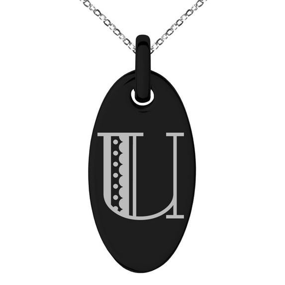 Stainless Steel Letter U Initial Metro Retro Monogram Engraved Small Oval Charm Pendant Necklace