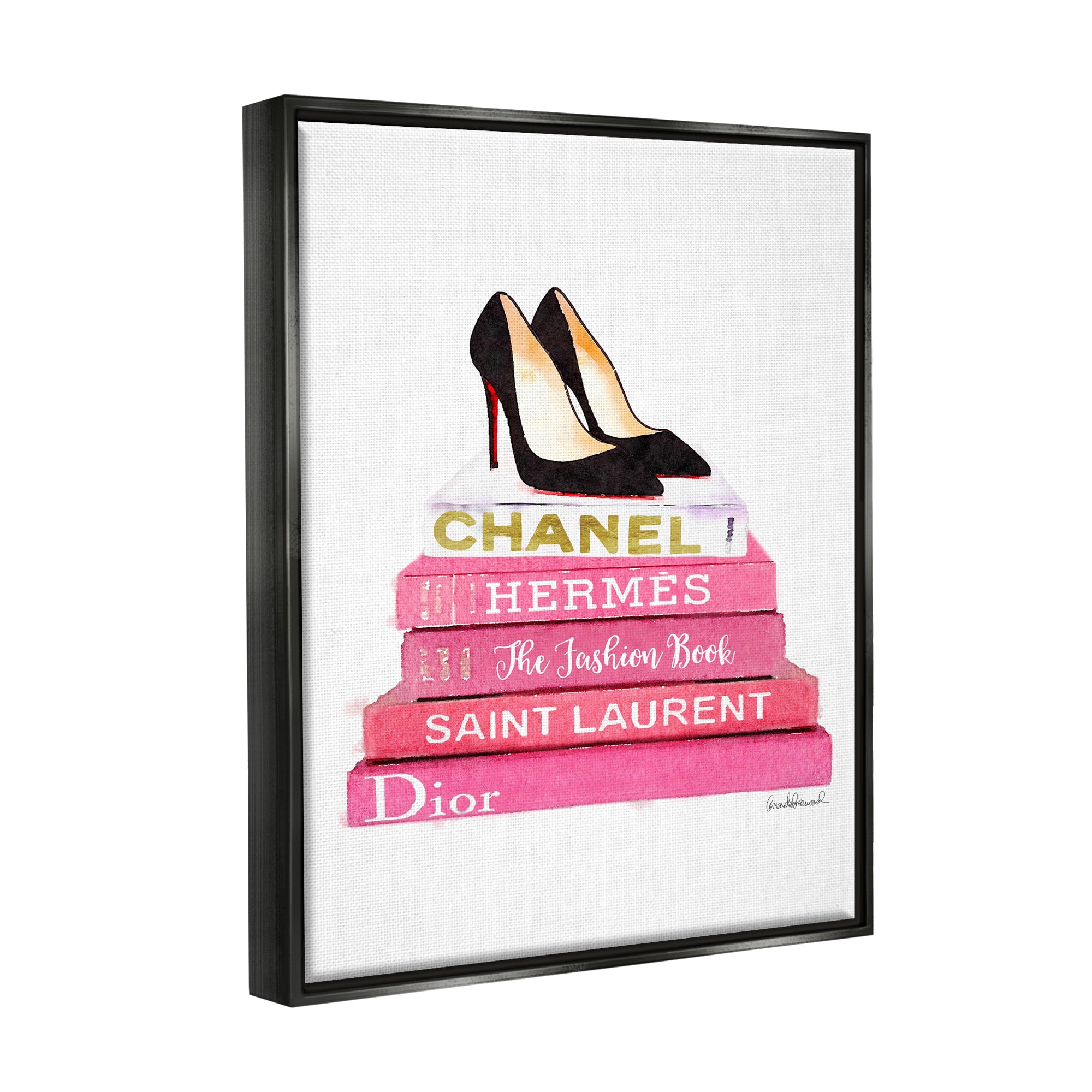 Stupell Industries Glam Pink Fashion Books Black Pump Hells Jet Black Framed Floating Canvas Wall Art, 16x20, by Amanda Greenwood