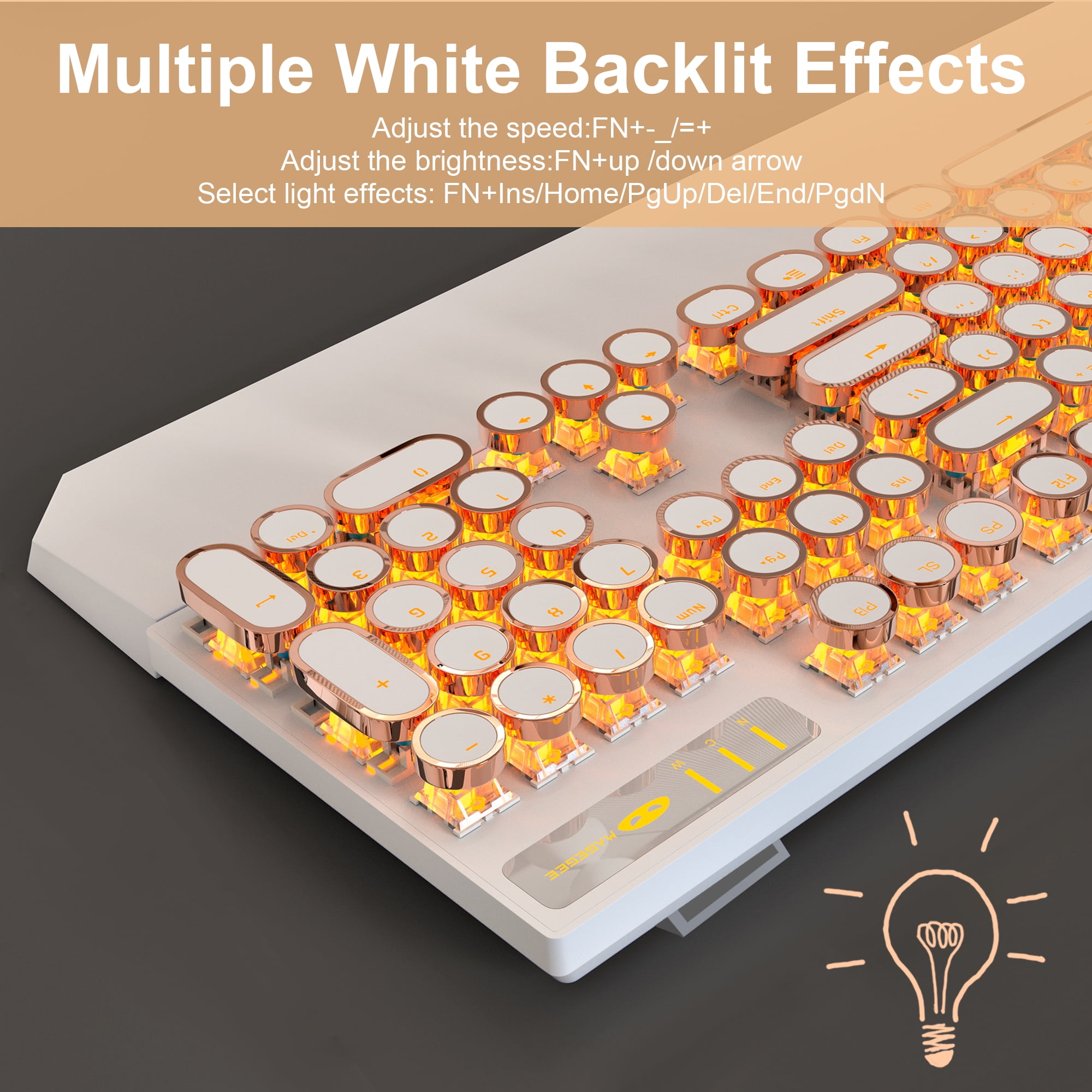 MageGee Typewriter Mechanical Gaming Keyboard, Retro Gold Punk Round Keycap LED Backlit USB Wired Keyboards for Game and Office, for Windows Laptop PC Mac - Blue Switches