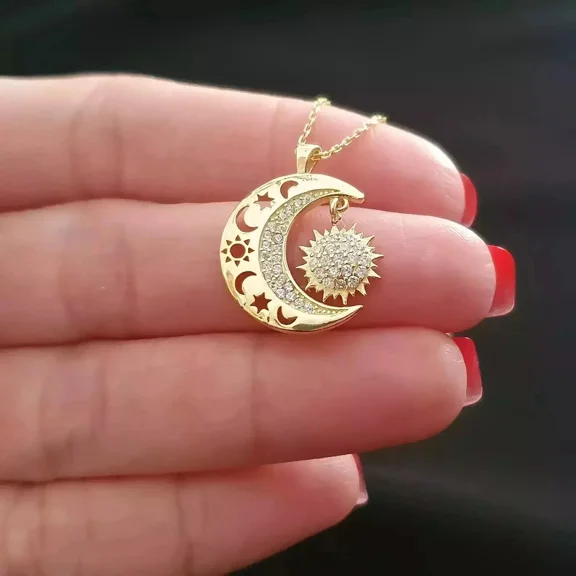 14K Yellow Gold Plated 1.50Ct Round Cut Simulated Diamond Women's Valentine Moon Pendant 925 Silver