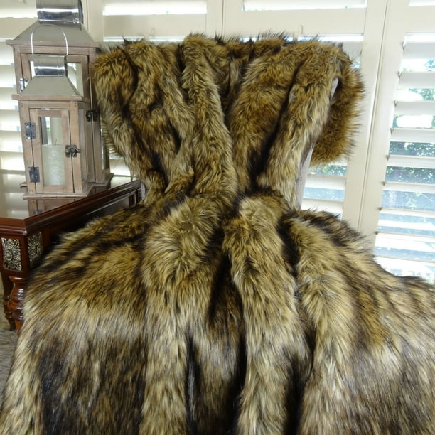 Thomas Collection Light & Dark Brown Wolf Faux Fur Throw Blanket