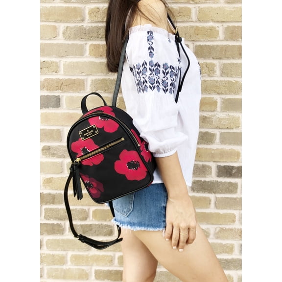 Kate Spade Wilson Road Poppy Mini Bradley Nylon Backpack Black Red Floral