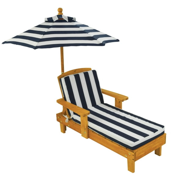 KidKraft Outdoor Wood Chaise Children's Chair with Umbrella and Cushion, Navy and White