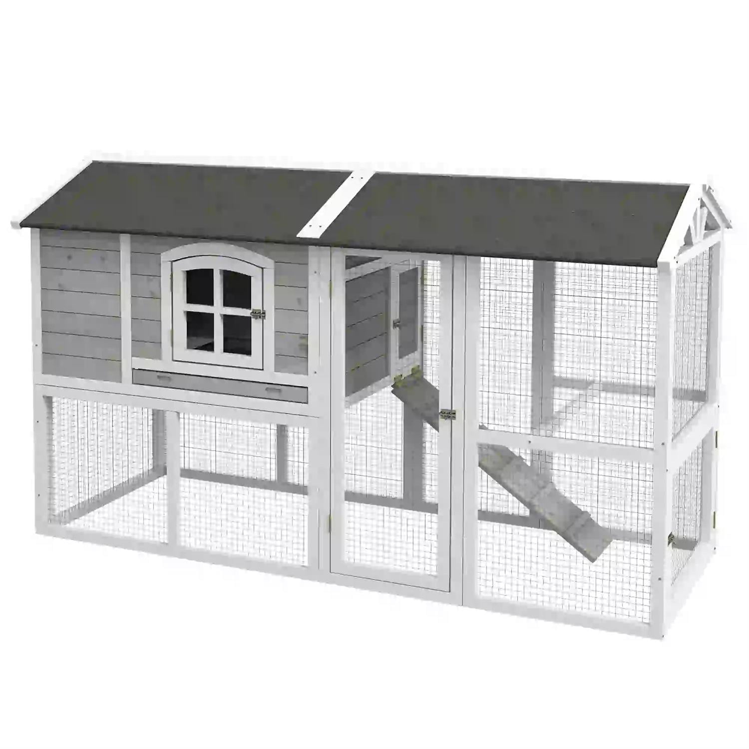 Pefilos 77" Large Chicken Coop Rabbit Hutch, Outdoor Wooden Poultry Cage Hen House with Nesting Box, Removable Tray for Garden Backyard, Gray
