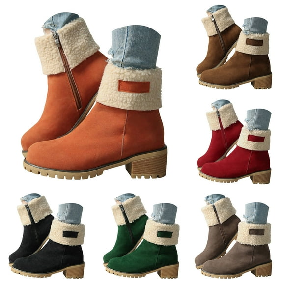 Dakaela Snow Ankle Boots for Women Chunky Heel Slip on Winter Booties Comfortable Outdoor Work Shoes
