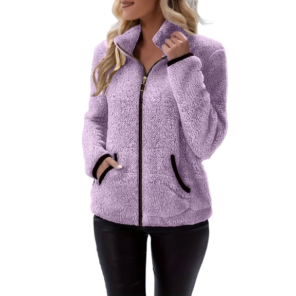 GigrtiJin Long Sleeve Coats for Women Winter Fuzzy Collared Coats Zip up Casual Warm Soft Outdoor Coats with Pockets