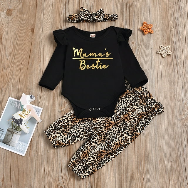 LSLJS Newborn Infant Baby Girls Letter Leopard Print Romper+Pants+Headband Outfits Set, Kids Clothes