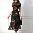 thumbnail image 4 of Women's Dark Elegant Floral Print Short Sleeve Mesh Panel Dress Black M, 4 of 7