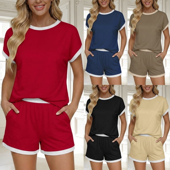 2 Piece Sets for Women Summer Breathable Cap Sleeve Crew Neck T Shirt Lounge Short Sets with Pocket Summer Black L