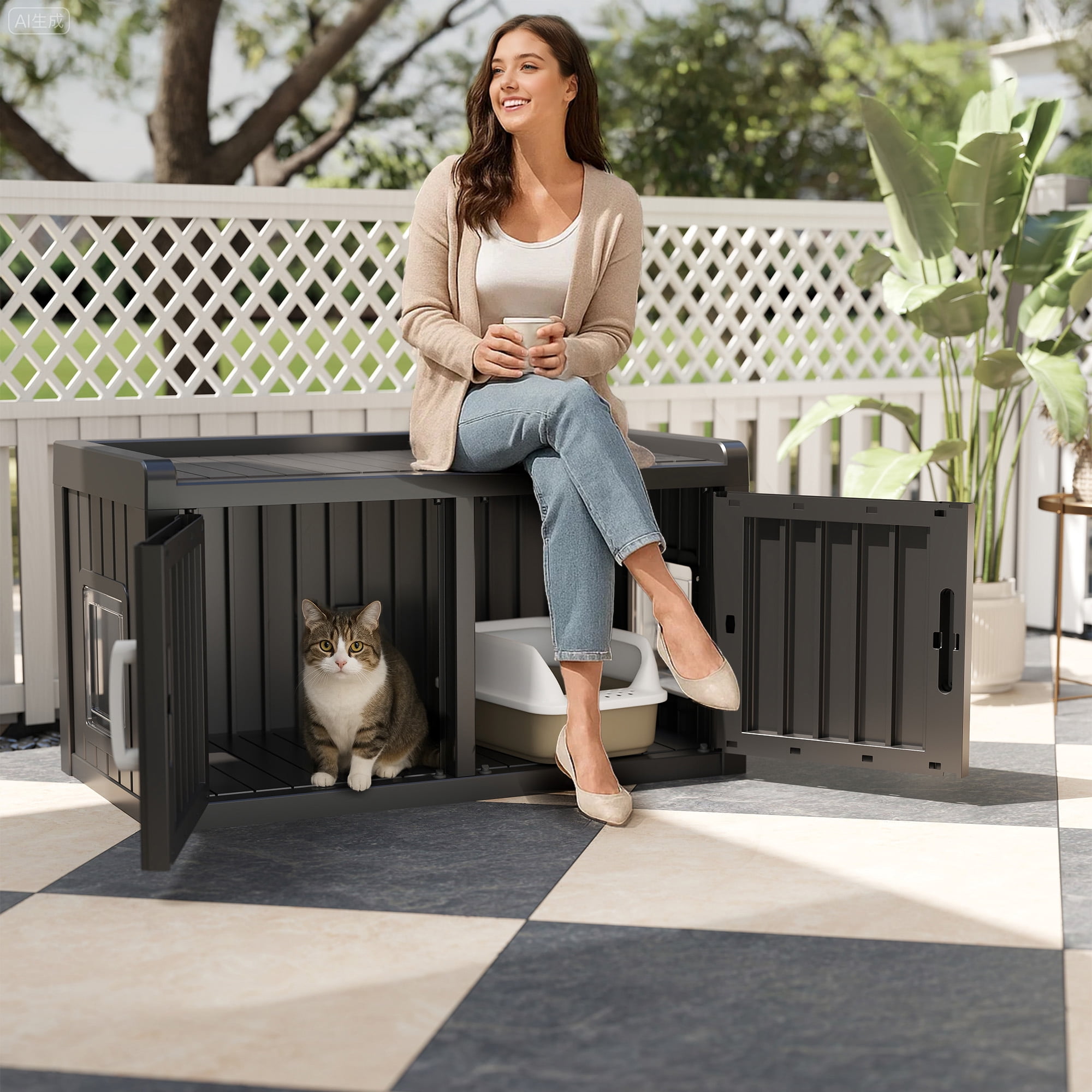 EasyUp Cat Litter Box, Resin Weatherproof Enclosed Litter Box with Dual-Door Design, Hidden Furniture for Indoor Home Use (Black)