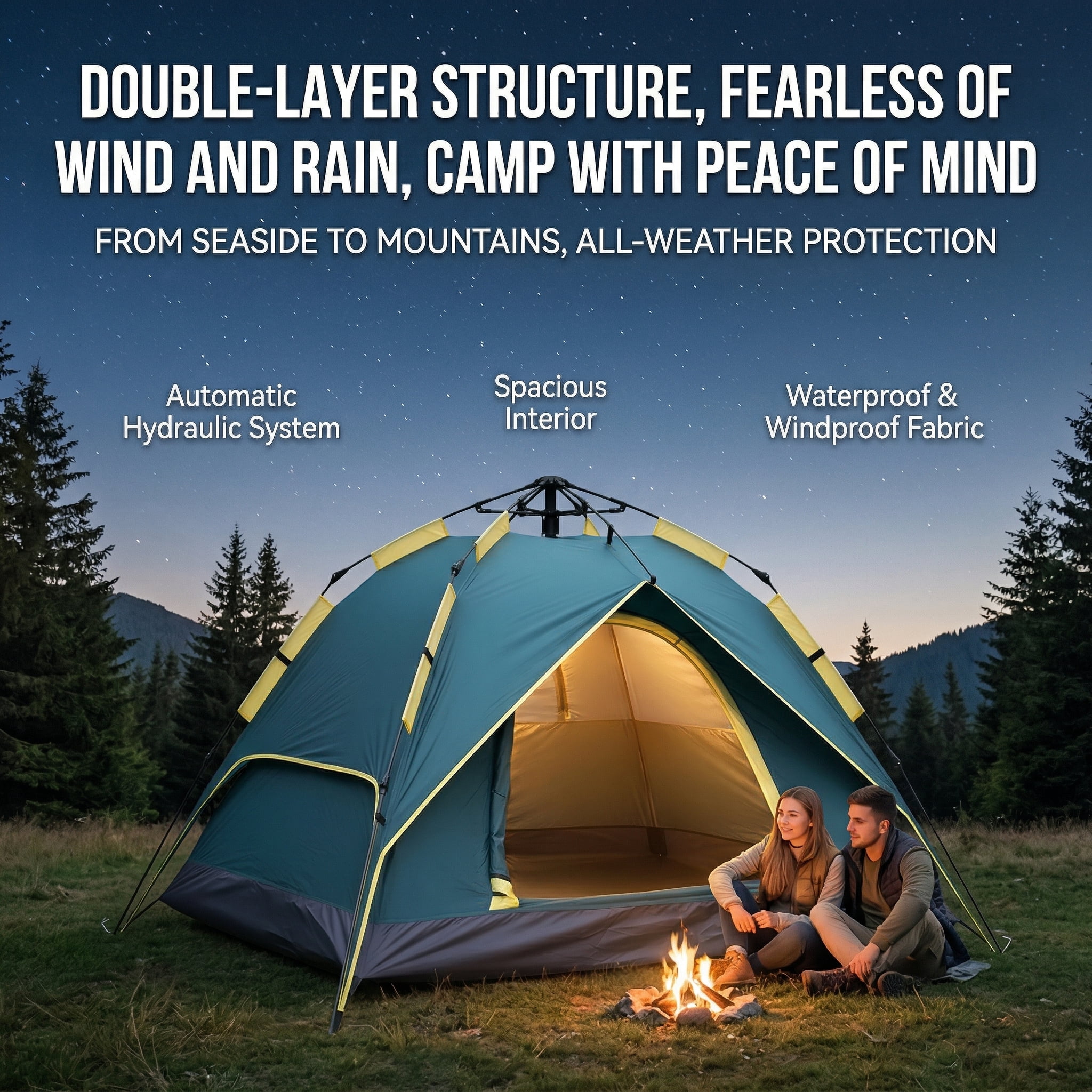 XL Instant Easy Pop Up Tents 3-Person Camping Tent, Plug and Play Tent, Fully Automatic Waterproof Family Camping Tent, Detachable Canopy Tent, Suitable for Beach Camping and Hiking
