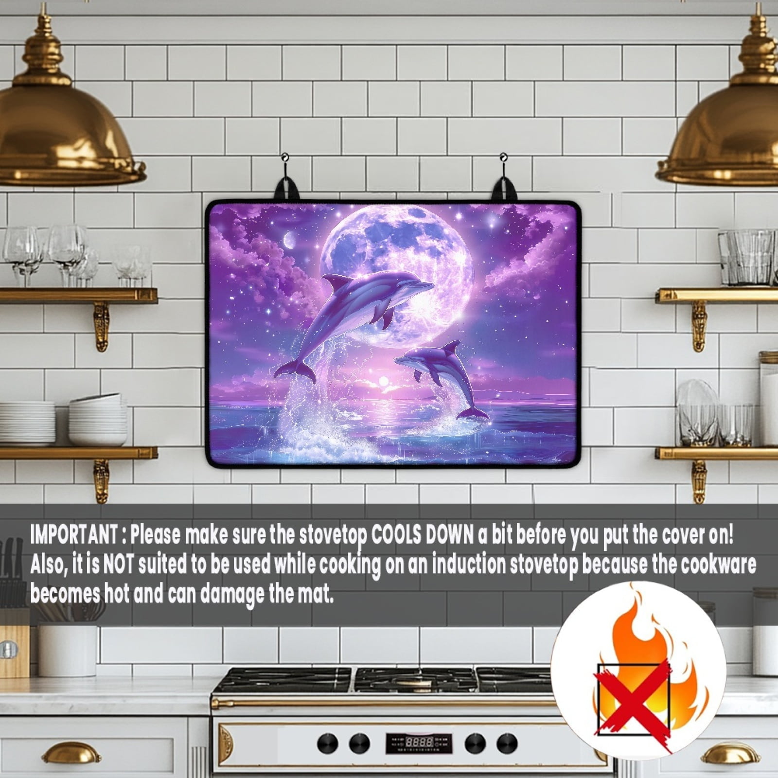 Xoenoiee Dolphin Moon Cloud Print Stove Top Cover for Electric Stove, Silicone Stove Mat for Glass Top Stove, Glass Cooktop Protector Dish Drying Mats Range Covers for Electric Stover