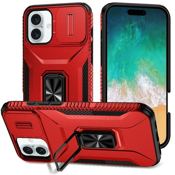TJS for iPhone 16 Plus Phone Case, Impact Resistant Slide Camera Cover Shockproof TPU PC Lens Protection Metal Ring Magnetic Support Kickstand Cover (Red)