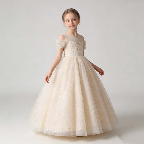 ZHOGXU Big Kids Girls Dress Sleeveless Round Neck Solid Color Sequins Mesh Comfortable Stylish Tutu Dresses For Party And Performance Gold 4-5 Years