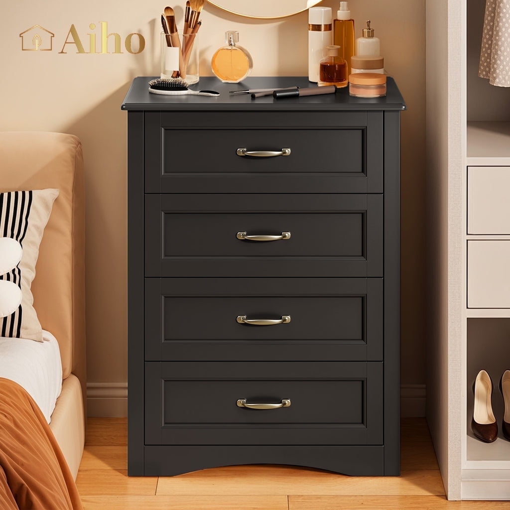 Aiho 4 Drawer Dresser for Bedroom, Tall Wood Dresser with Large Drawer & Delicate Handles for Closet, Living Room, Hallway - Black