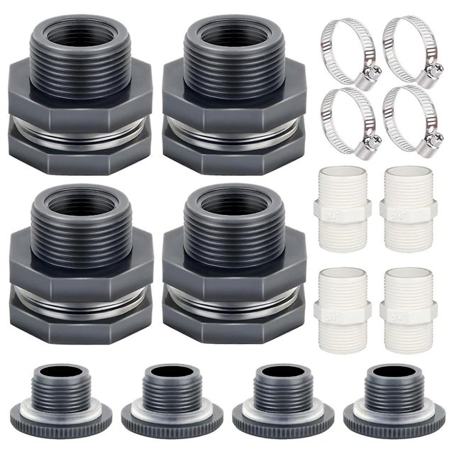 Accesorio de mamparo de PVC de 3/4 de pulgada con tapones, adaptador de manguera de jardín con kit de abrazadera, conector de tanque de agua, Th Black, negro